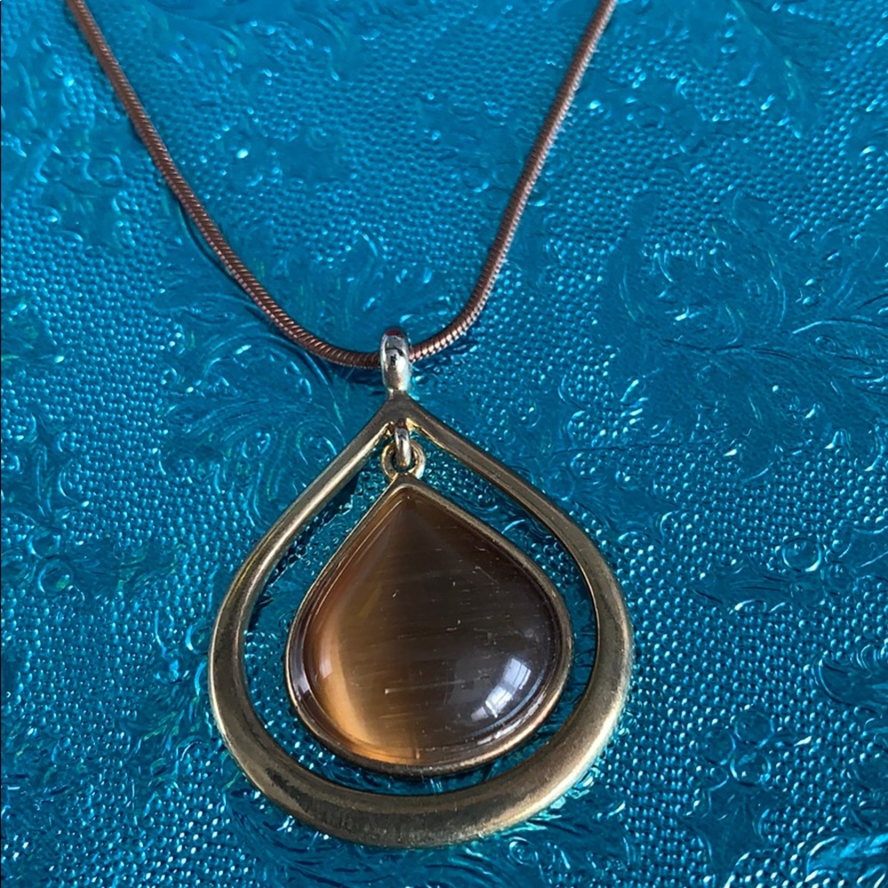 Necklace brown chain double teardrop cream stone - Picture 4 of 12